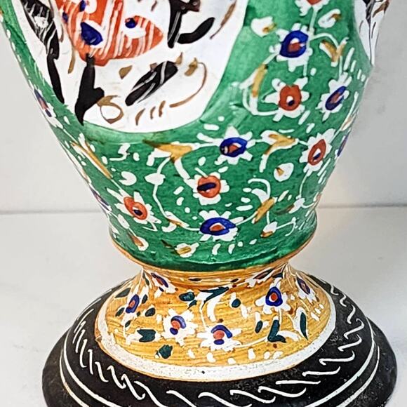 Vintage Persian Hand-Painted Metal Vase with Textured Flowers & Bird 8.5" - Picture 5 of 8